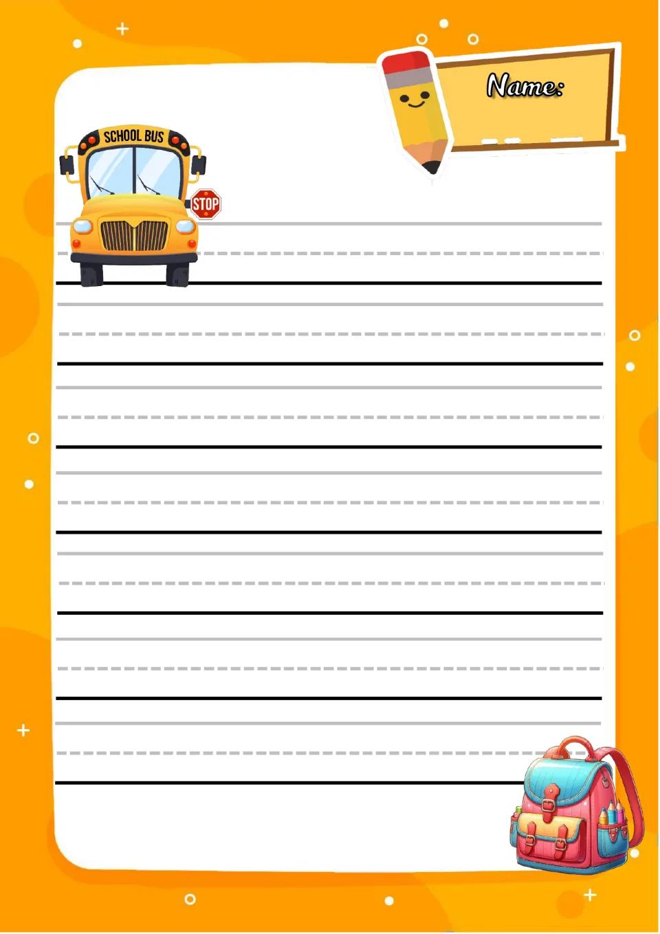 Back-to-school handwriting paper: students write their name and 7 rows of letters, beside a school bus and backpack