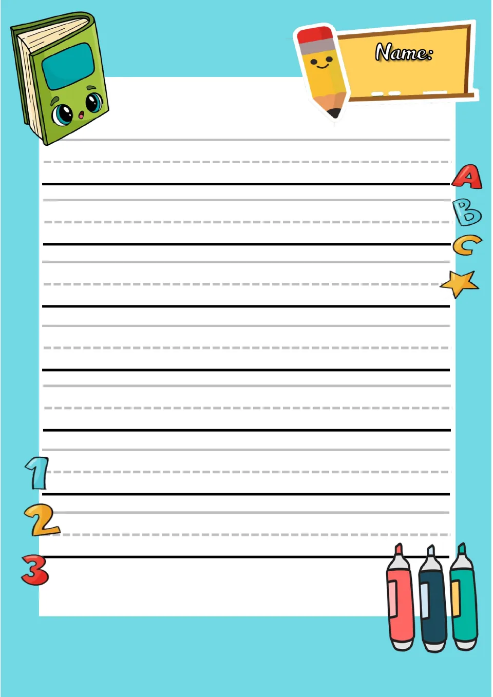 Primary handwriting practice: a Name: label and 7 writing rows framed by a smiling book, ABC letters, 123 and markers