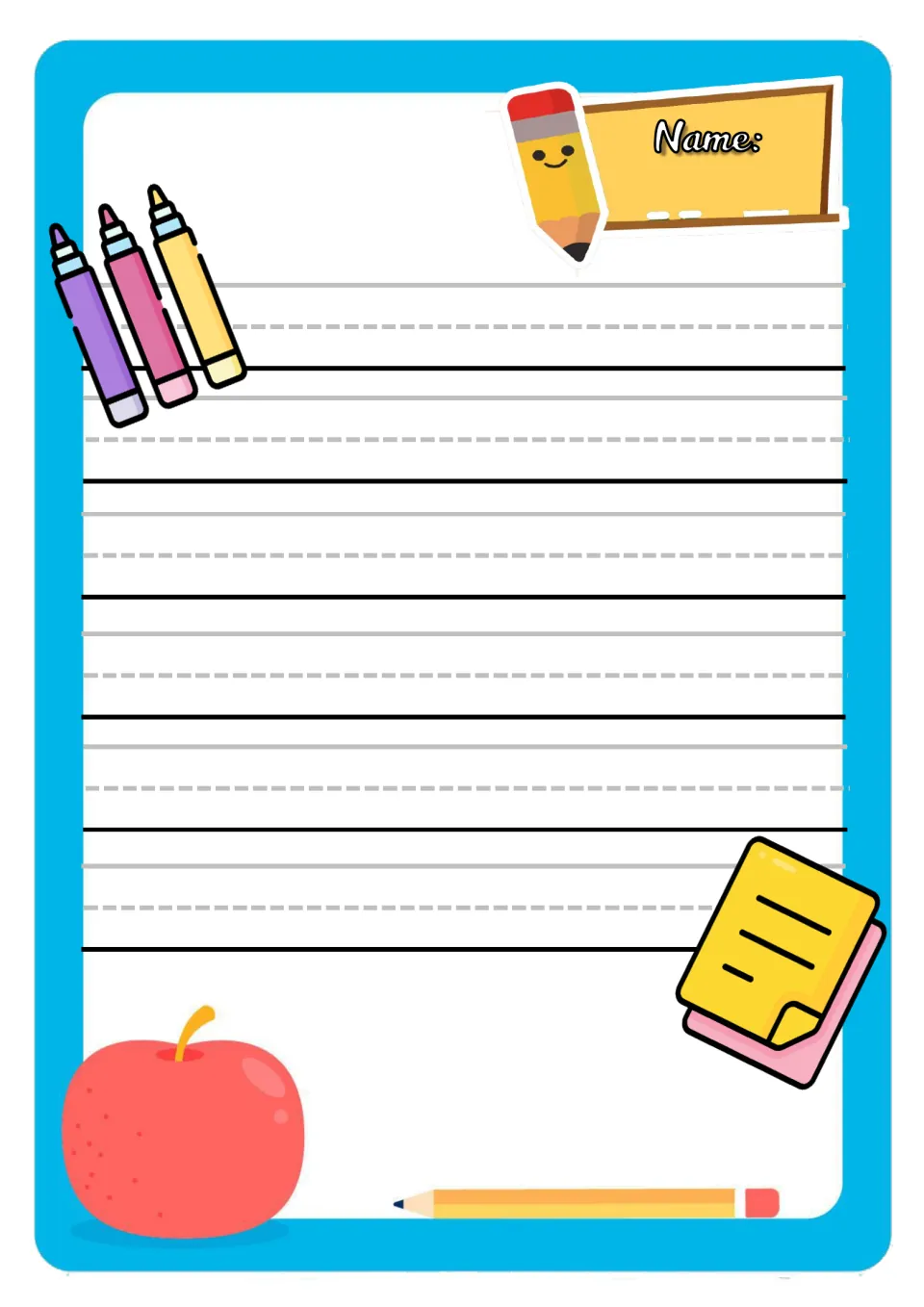 School-supplies writing page: students print their name and fill 6 handwriting rows, decorated with an apple and markers