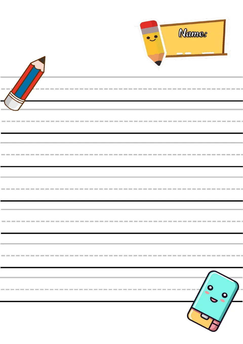 Handwriting paper with a Name: label and 7 rows for printing letters, decorated with a red pencil and a smiling eraser