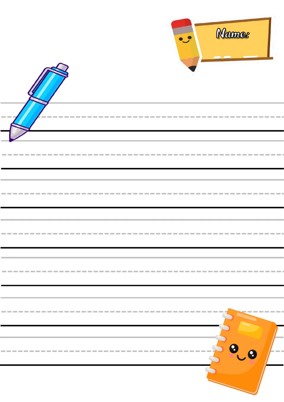 Writing practice sheet: students add their name and print in 7 rows, illustrated with a blue pen and an orange notebook