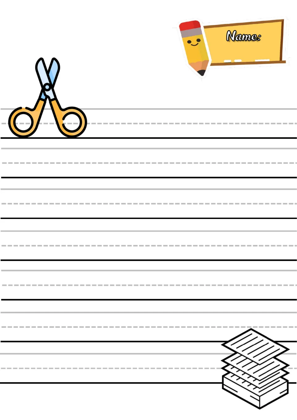 Printing practice: a Name: label and 7 handwriting rows for letters or words, with scissors and a stack of papers