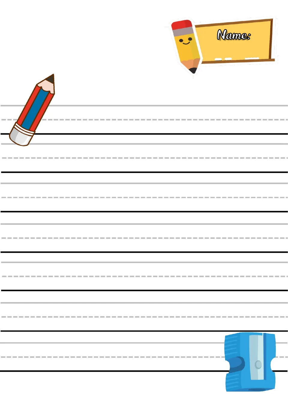 Letter formation paper: students write their name and practise printing in 7 rows, shown with a pencil and sharpener