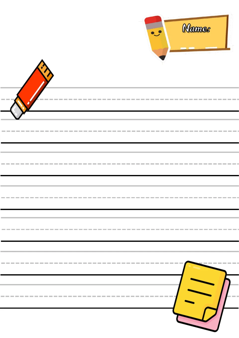 Handwriting rows for name writing and printing practice, 7 in all, decorated with a glue stick and yellow sticky notes