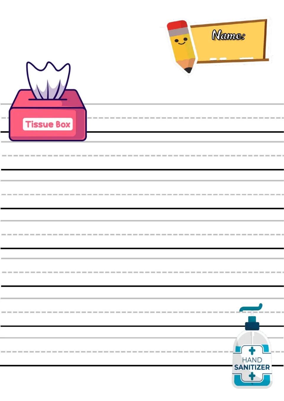 Classroom-routines writing page: a Name: label and 7 printing rows, illustrated with a Tissue Box and HAND SANITIZER