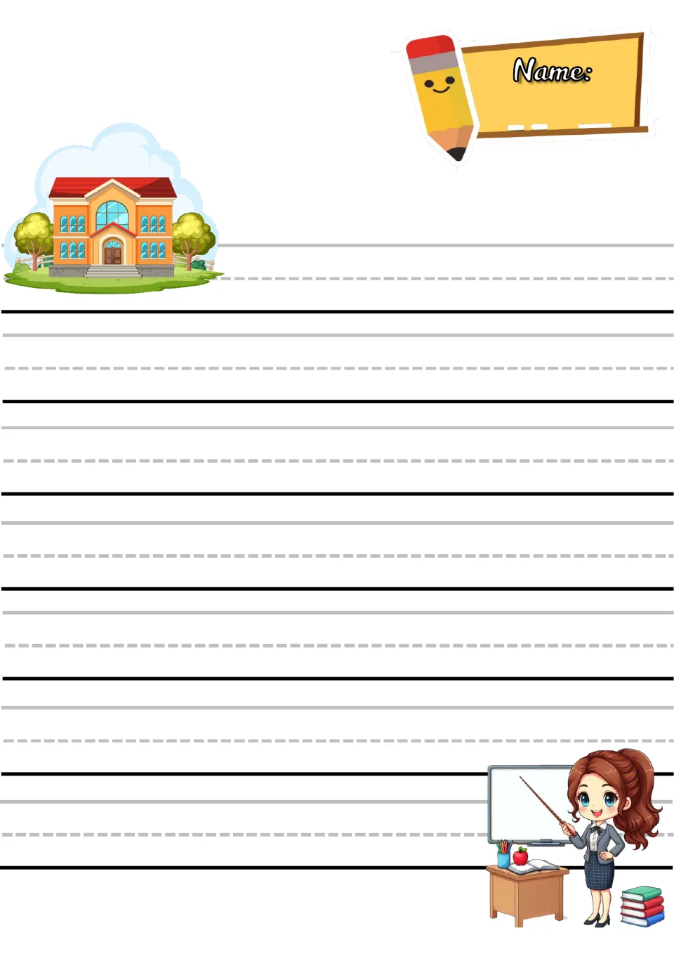 School-day writing sheet: students write their name and print in 7 rows beside a school building and a teacher at a board
