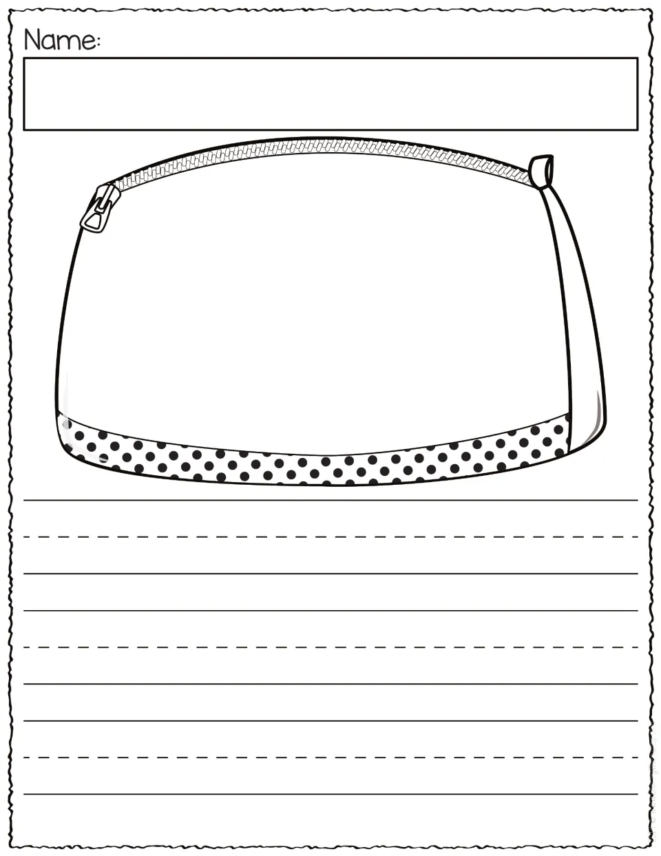 Pencil case writing paper: students draw inside a zippered pencil pouch outline, then write on 3 primary-ruled rows
