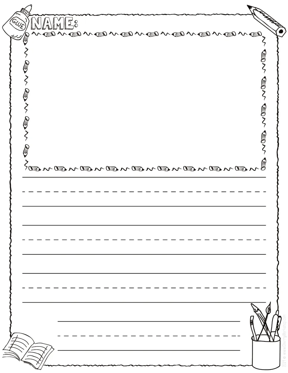 School supplies draw-and-write page: students sketch in a pencil-framed picture space, then write on primary-ruled rows