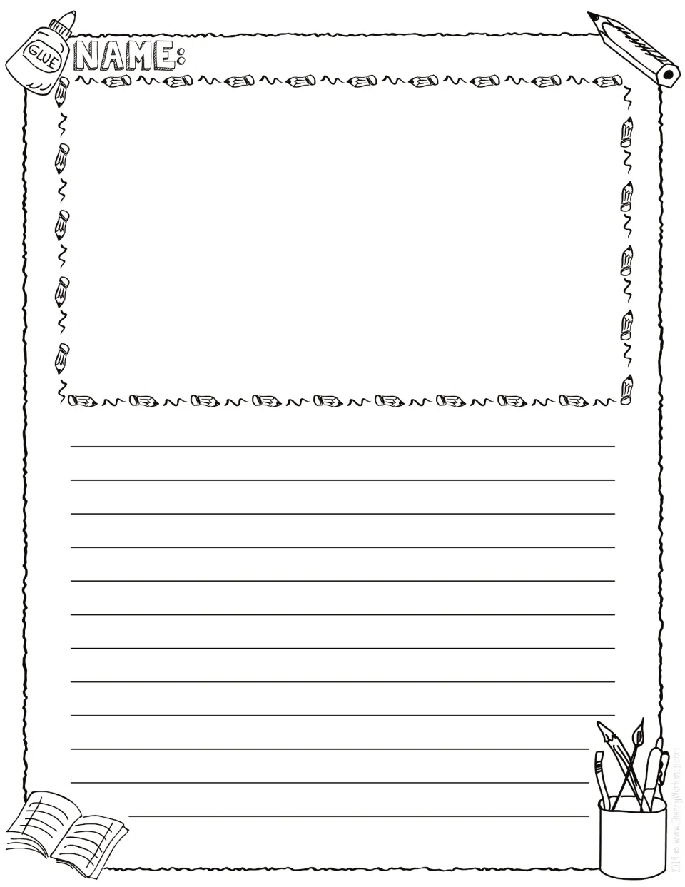 School supplies draw-and-write page: students sketch in a pencil-framed picture space, then write on 12 plain rows