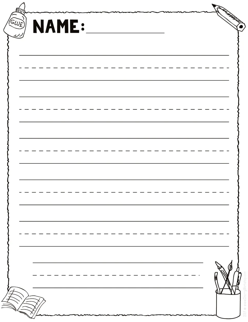 School supplies writing page with glue, pencil and book art: students write on 6 primary-ruled rows, no picture space