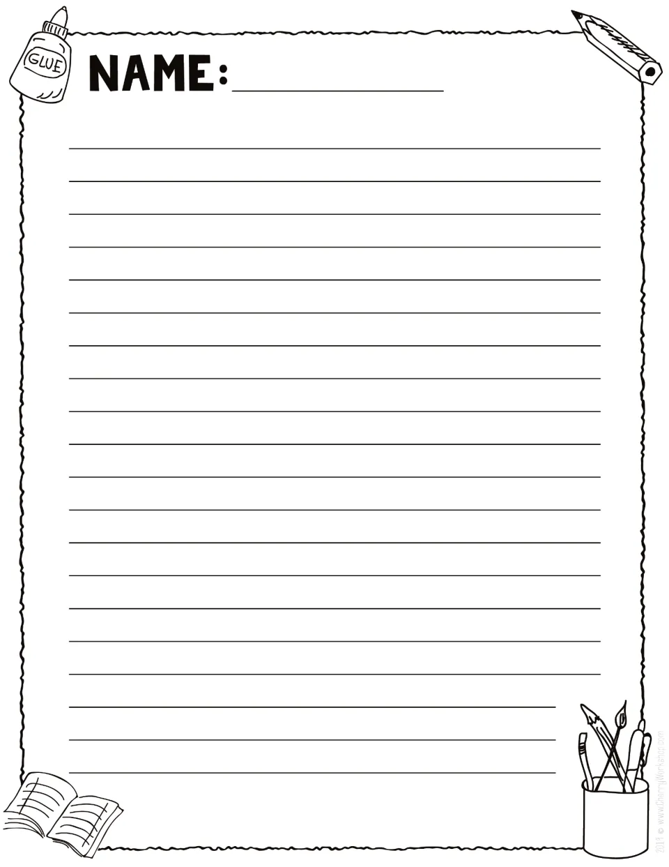 School supplies writing page: students write on 19 narrow plain lines for longer text, with glue and pencil art