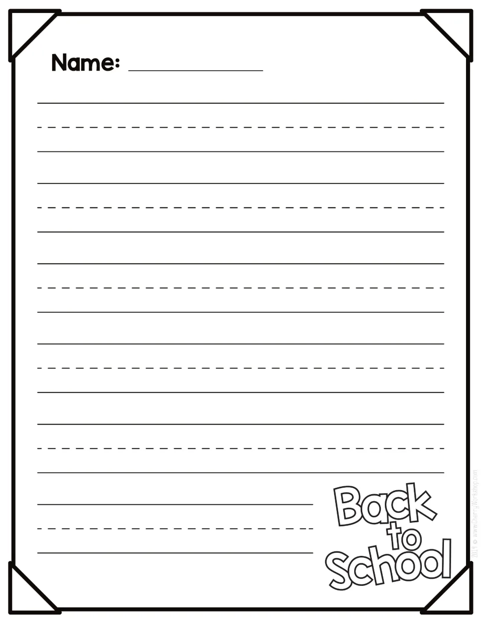 Back to School writing page: students write on 6 primary-ruled rows with dashed midlines beside Back to School art