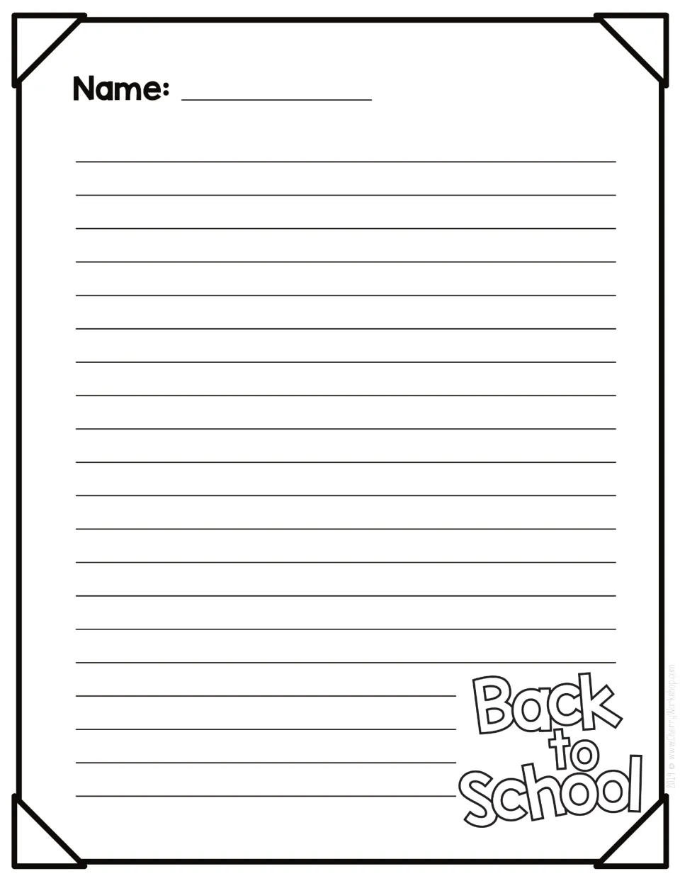 Back to School writing page: students write on 20 narrow plain lines, with Back to School lettering in the corner