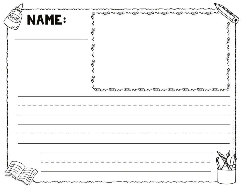 Landscape draw-and-write page: students sketch in the top-right picture space, then write on 3 primary-ruled rows