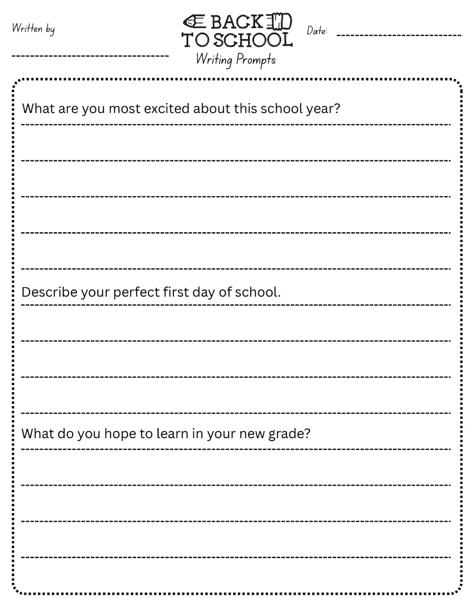 Writing prompts 1–3: excitement about the school year, a perfect first day, and hopes for the new grade.