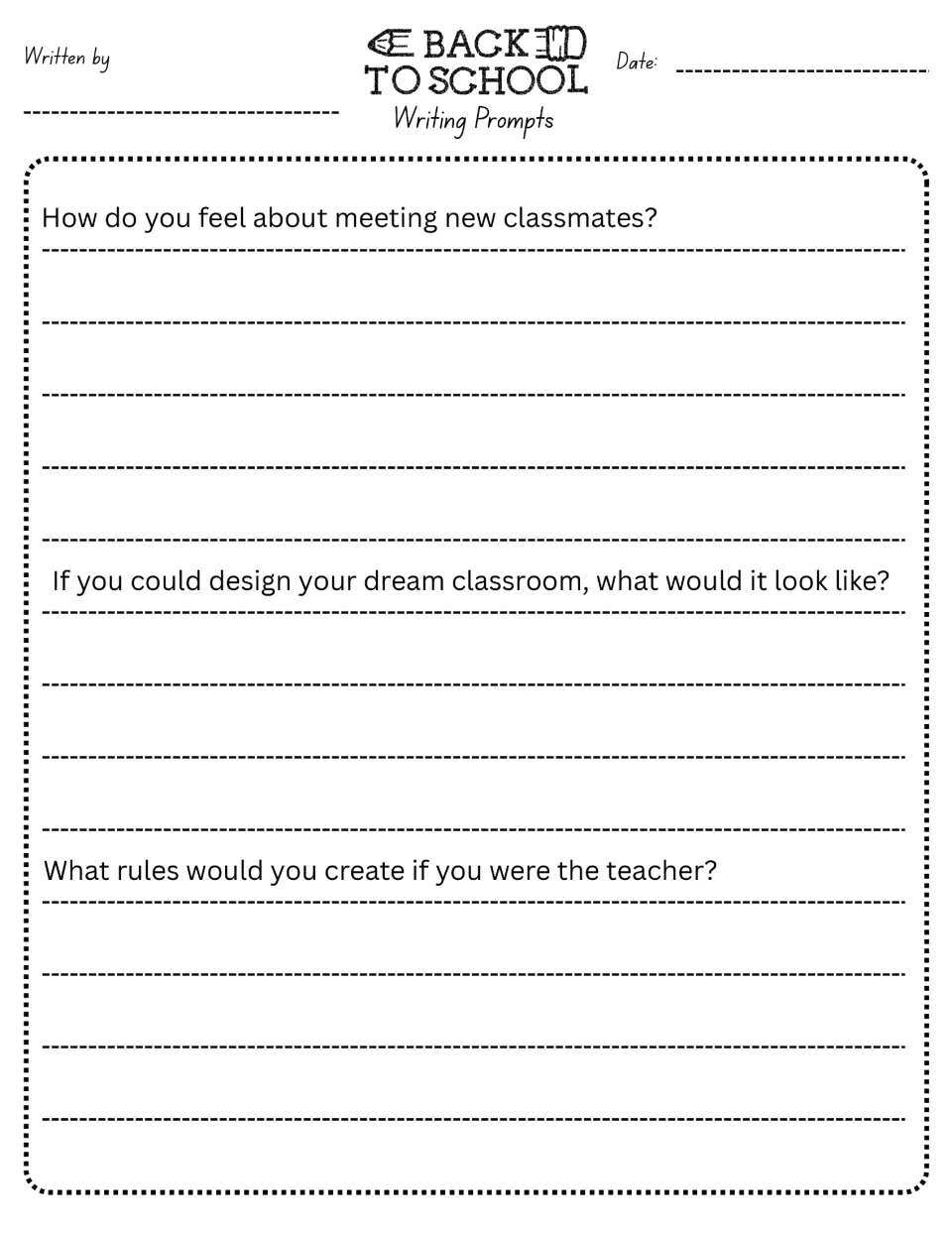 Writing prompts 4–6: feelings about new classmates, designing a dream classroom, and creating school rules.