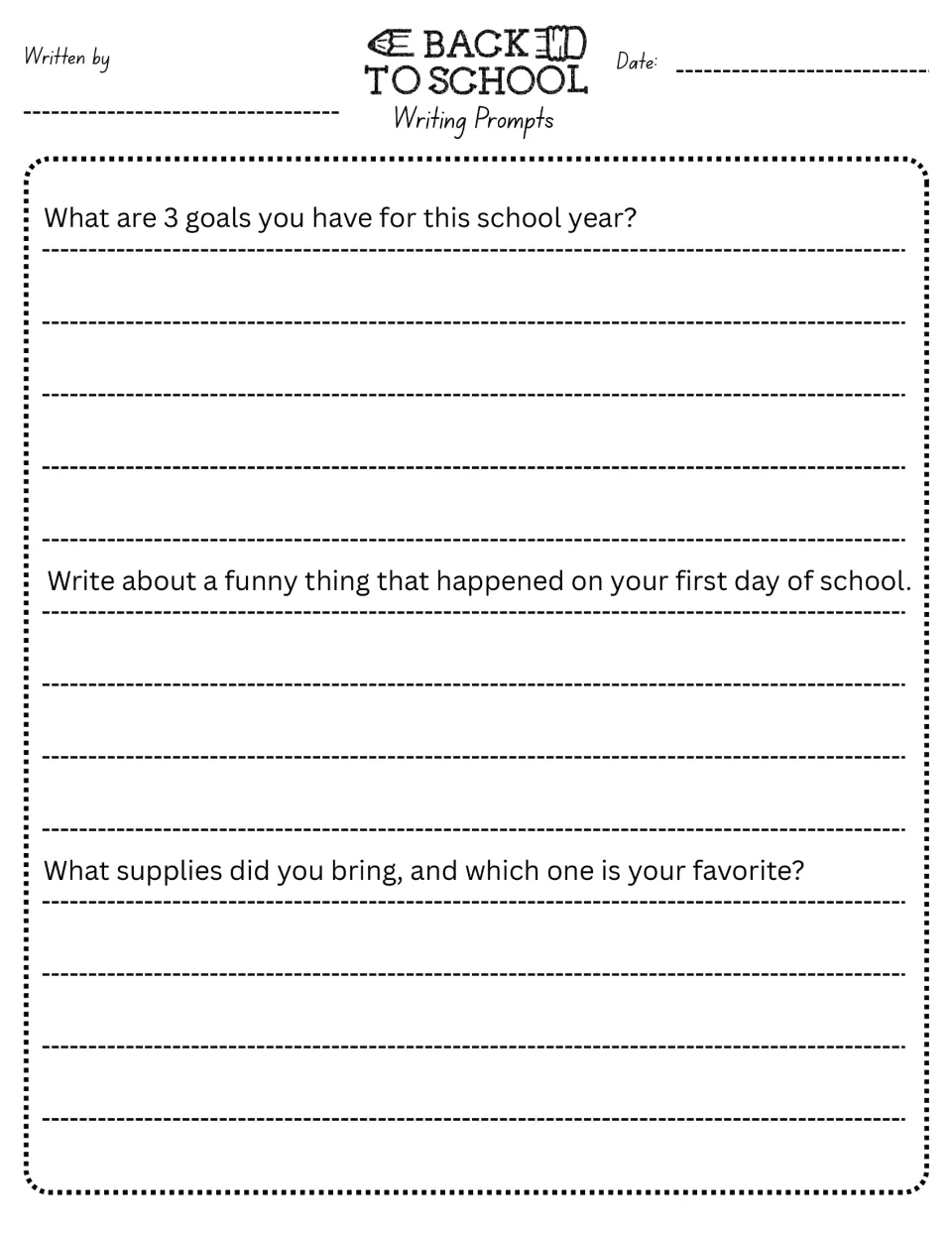 Writing prompts 7–9: three school-year goals, a funny first-day experience, and favorite school supplies.