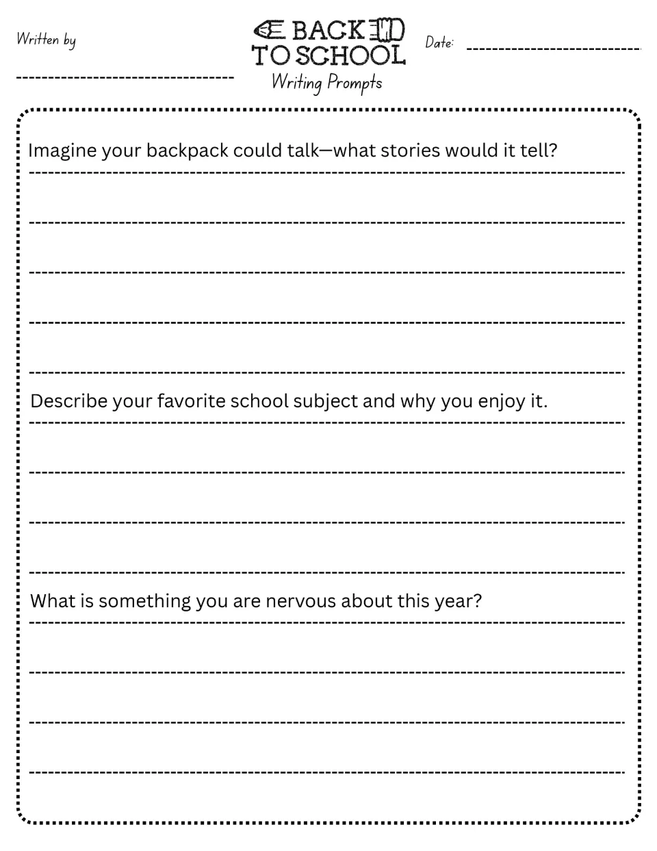 Writing prompts 10–12: stories from a talking backpack, a favorite school subject, and worries about the year.