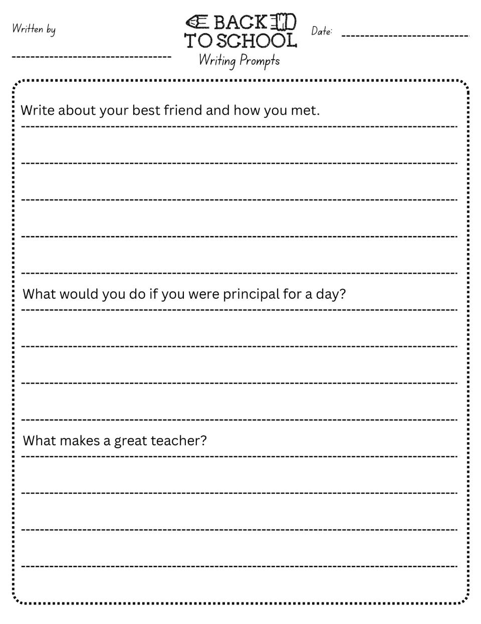 Writing prompts 13–15: meeting a best friend, being principal for a day, and what makes a great teacher.