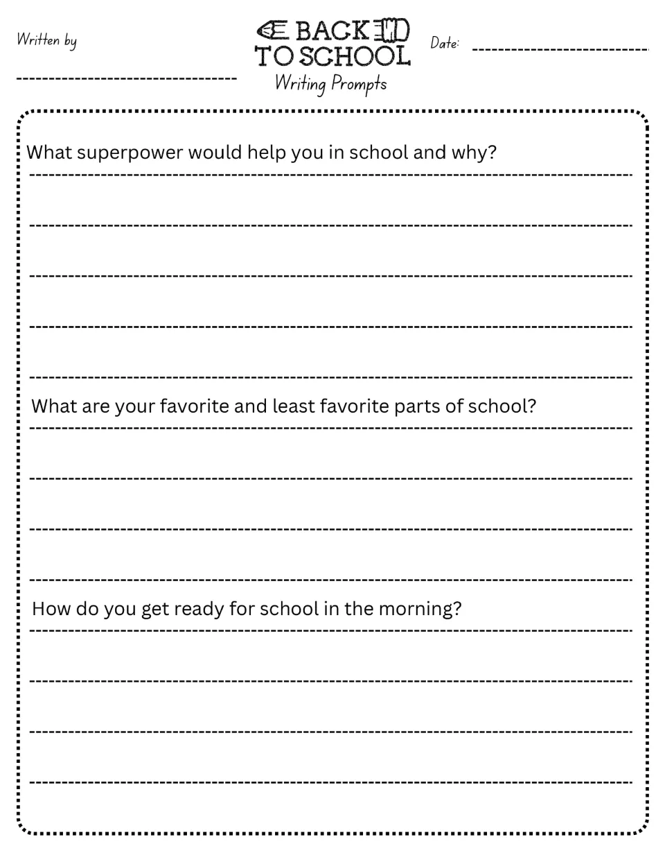 Writing prompts 16–18: a helpful school superpower, favorite and least favorite school parts, and morning routines.