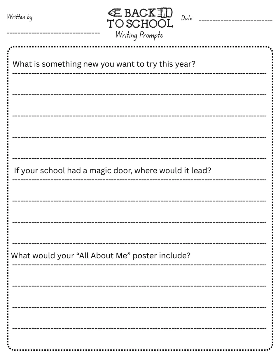 Writing prompts 19–21: trying something new, a magic door at school, and ideas for an All About Me poster.