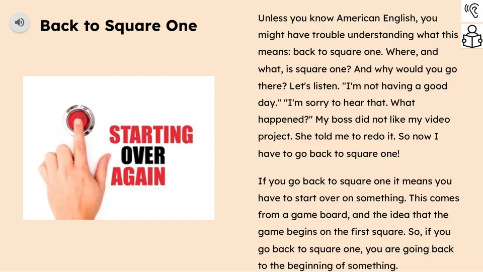 Reading passage explaining the idiom as starting over, with a rejected video project example and audio support.
