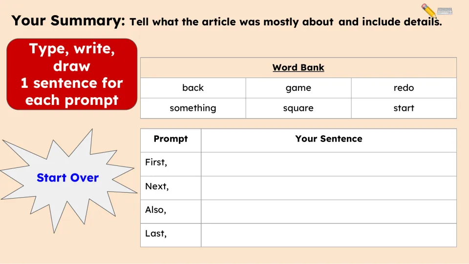 Summary writing activity with First, Next, Also, and Last prompts and a word bank including back, game, and redo.