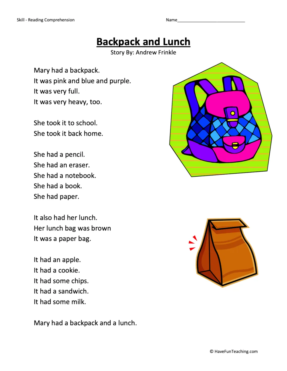 Reading passage about Mary's full, heavy backpack, school supplies, and lunch in a brown paper bag.