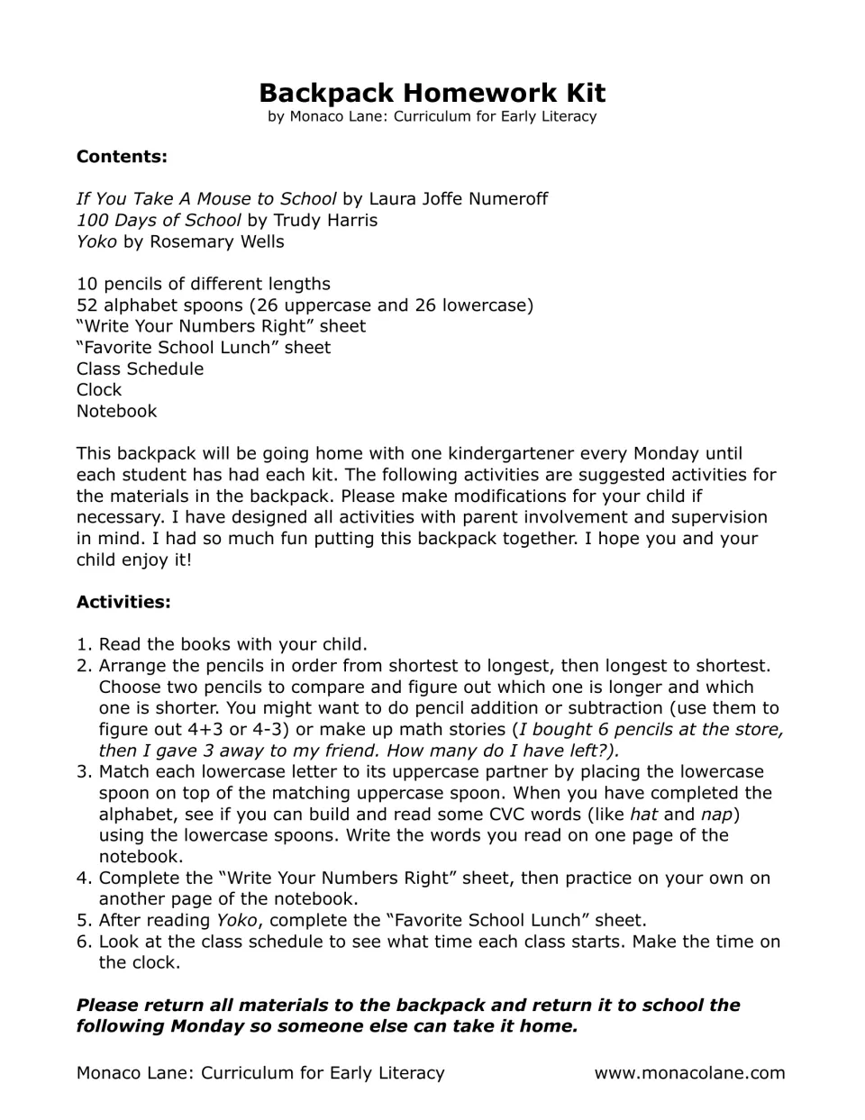 Take-home kit directions give six activities: reading, pencil math, letter matching, numbers, lunch and time.