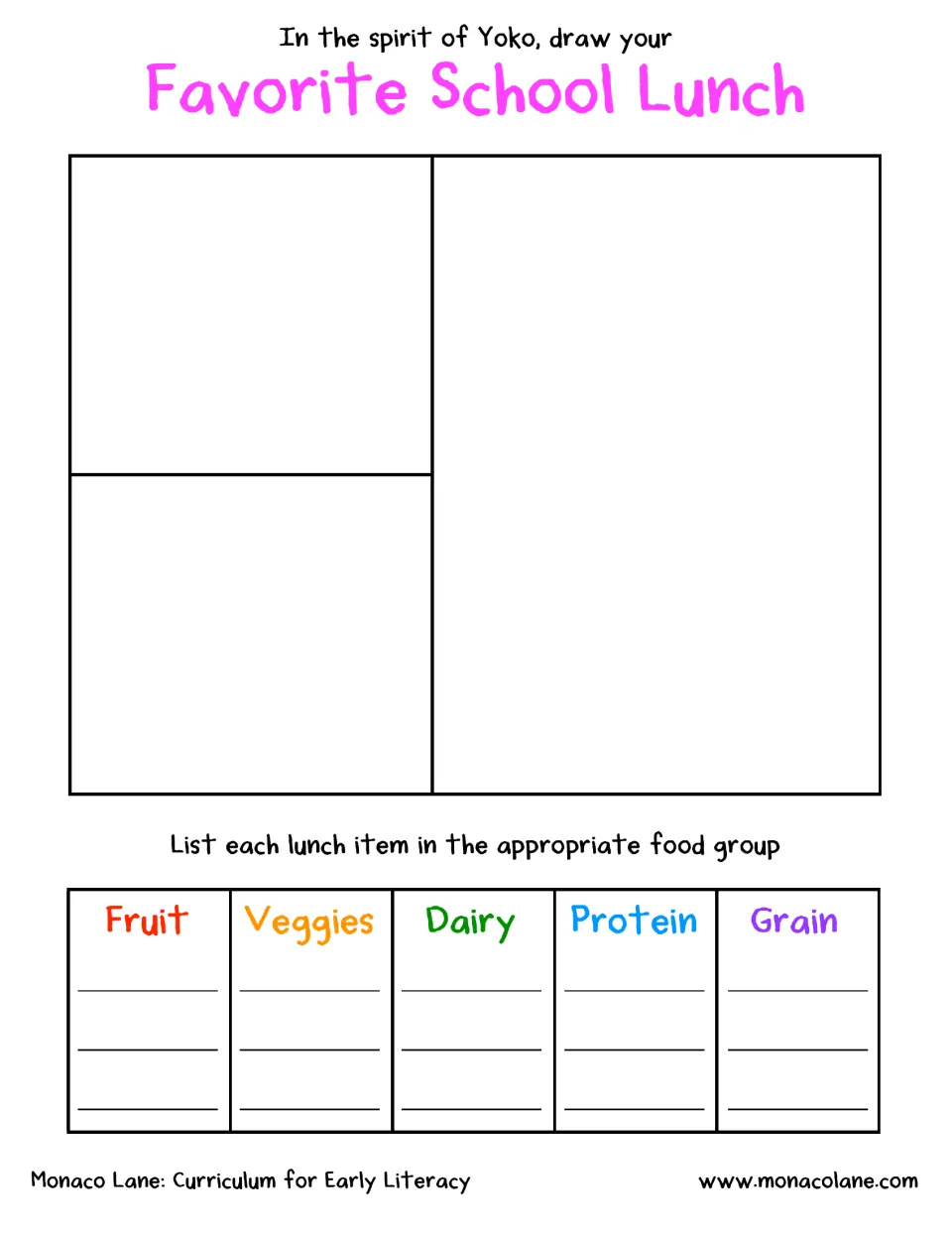 School lunch activity asks children to draw a favorite meal and sort foods as fruit, veggies, dairy, protein or grain.