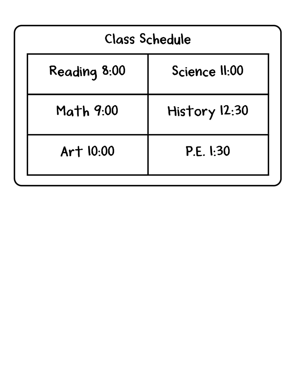 Kit class schedule lists Reading 8:00, Math 9:00, Art 10:00, Science 11:00, History 12:30 and P.E. 1:30.