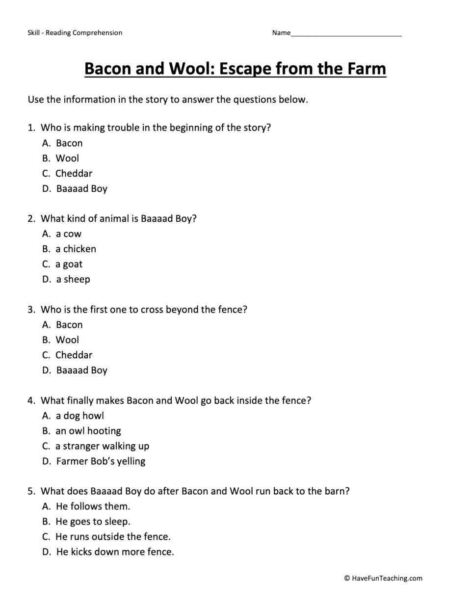 Five multiple-choice questions about Baaaad Boy, Wool crossing the fence first, and the animals' return.