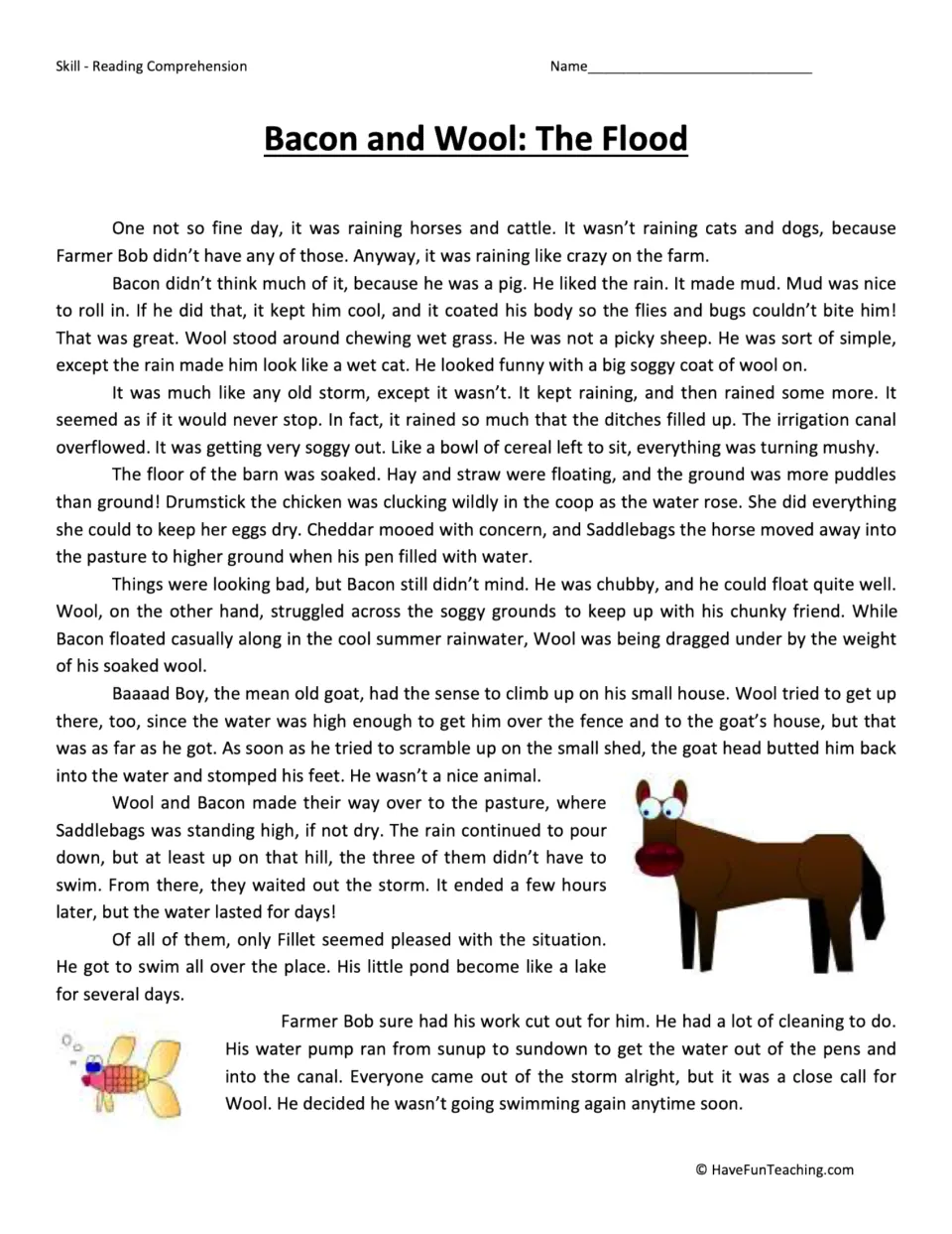 Reading passage about Bacon and Wool escaping a farm flood and finding safety with Saddlebags the horse.
