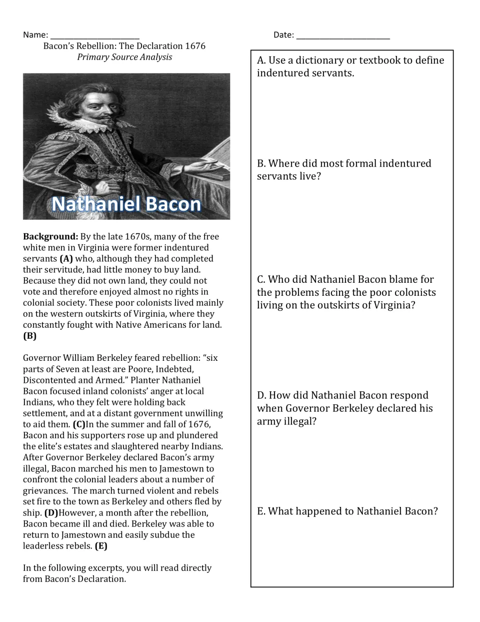 Bacon's Rebellion background reading: students answer five questions on indentured servants, Berkeley and Bacon's fate