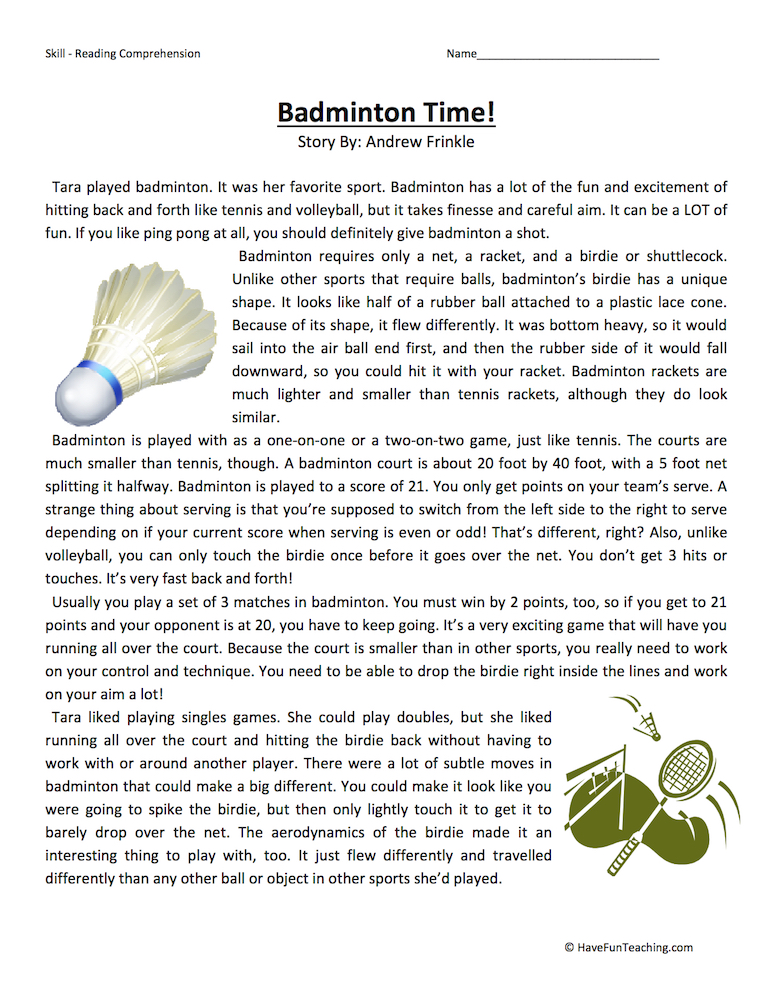 Badminton Time Reading Comprehension Worksheet teaching resource preview
