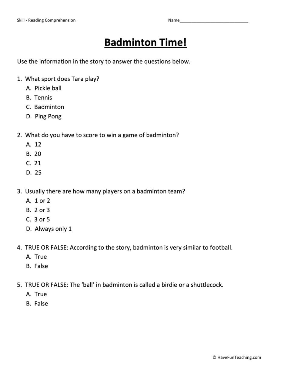 Five comprehension questions ask about Tara's sport, winning score, team size, football, and the birdie.
