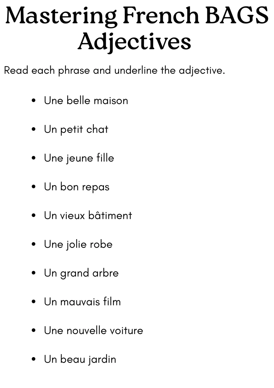 French BAGS adjectives: students read 10 short noun phrases such as une belle maison and underline the adjective in each