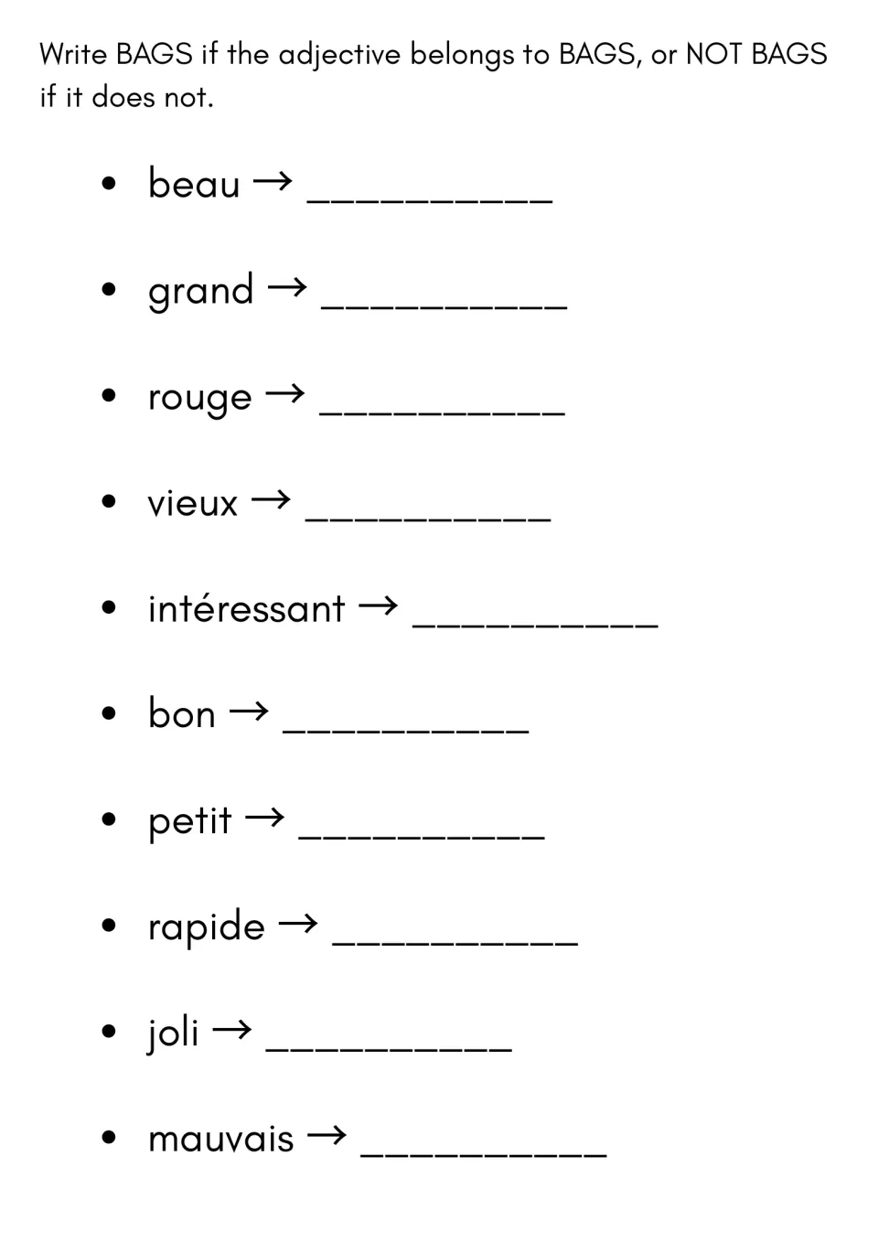 Sorting French adjectives: students label 10 words like beau, rouge and intéressant as BAGS or NOT BAGS