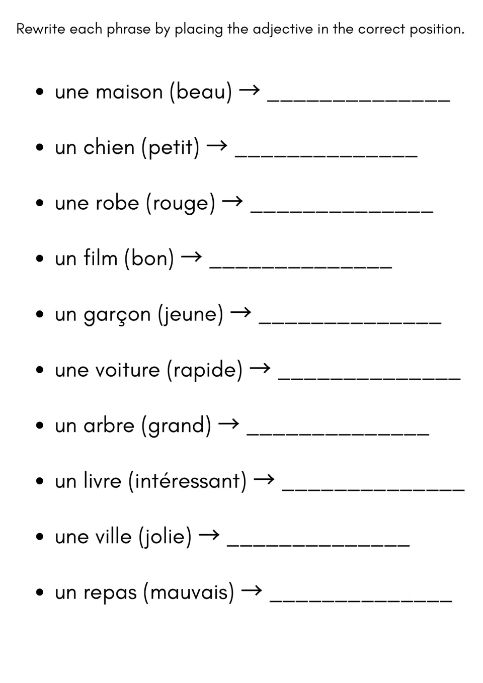 Adjective placement in French: students rewrite 10 phrases such as une maison (beau), putting the adjective before or after