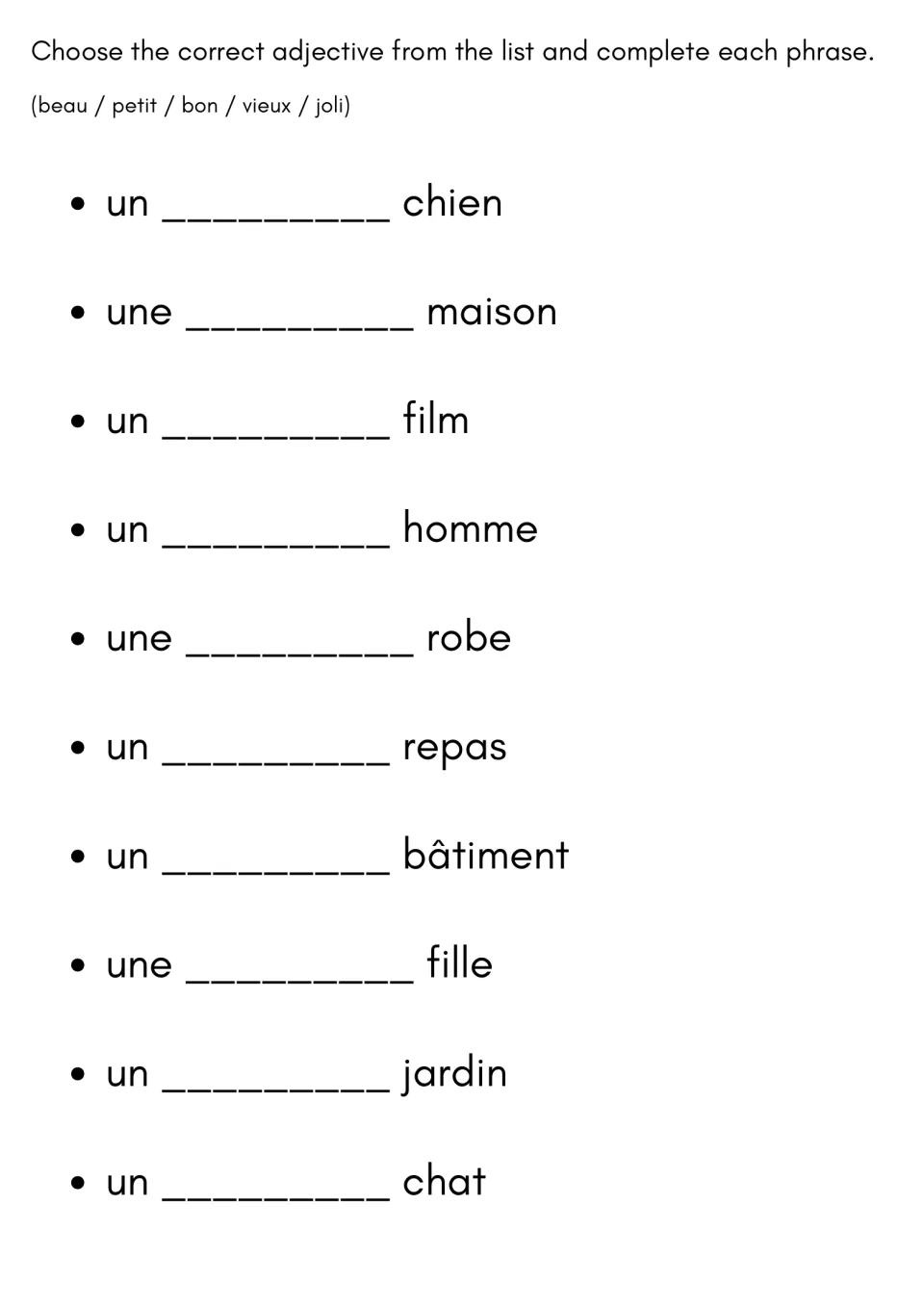 Fill-in-the-blank: students complete 10 French noun phrases using beau, petit, bon, vieux or joli from the word list