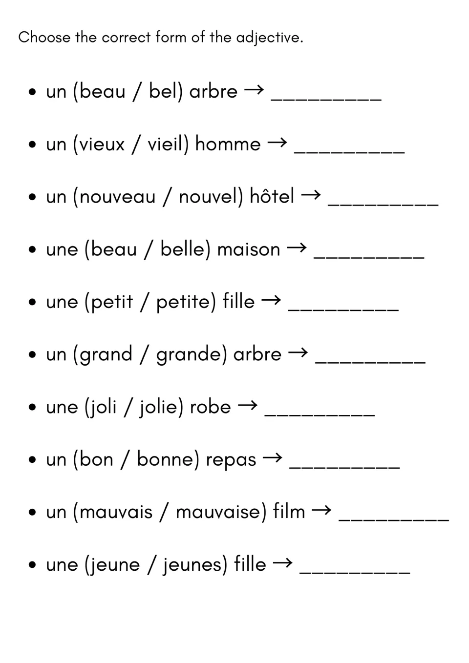 Adjective agreement: students choose the correct form in 10 phrases, such as beau or bel arbre and petit or petite fille
