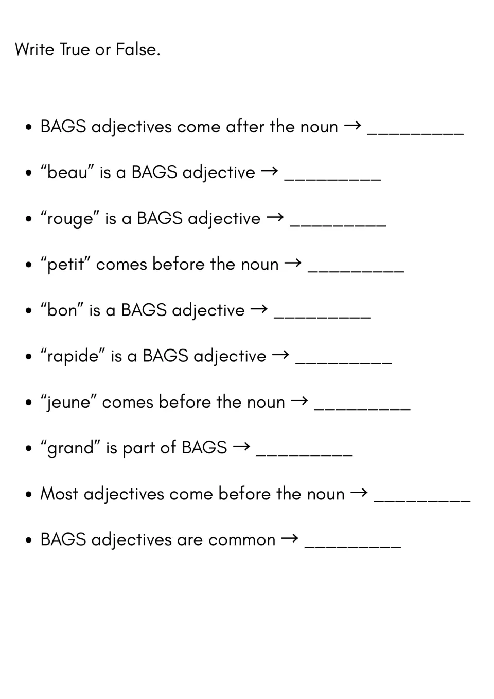 True or false: 10 statements about BAGS adjective rules, such as whether rouge is a BAGS adjective and where petit goes