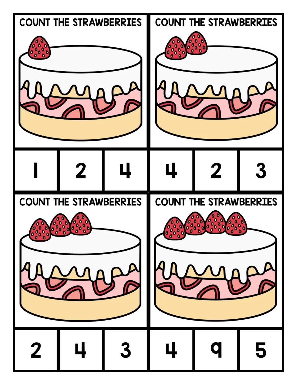 Counting strawberries 1 to 4: four cake clip cards where students count berries on top and clip the matching number