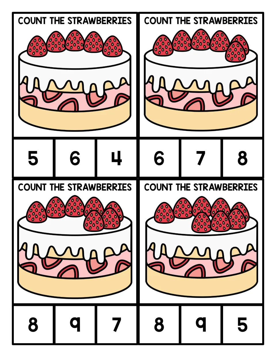 Counting strawberries 5 to 8: students count fuller berry toppings on four cakes and clip one of three numbers