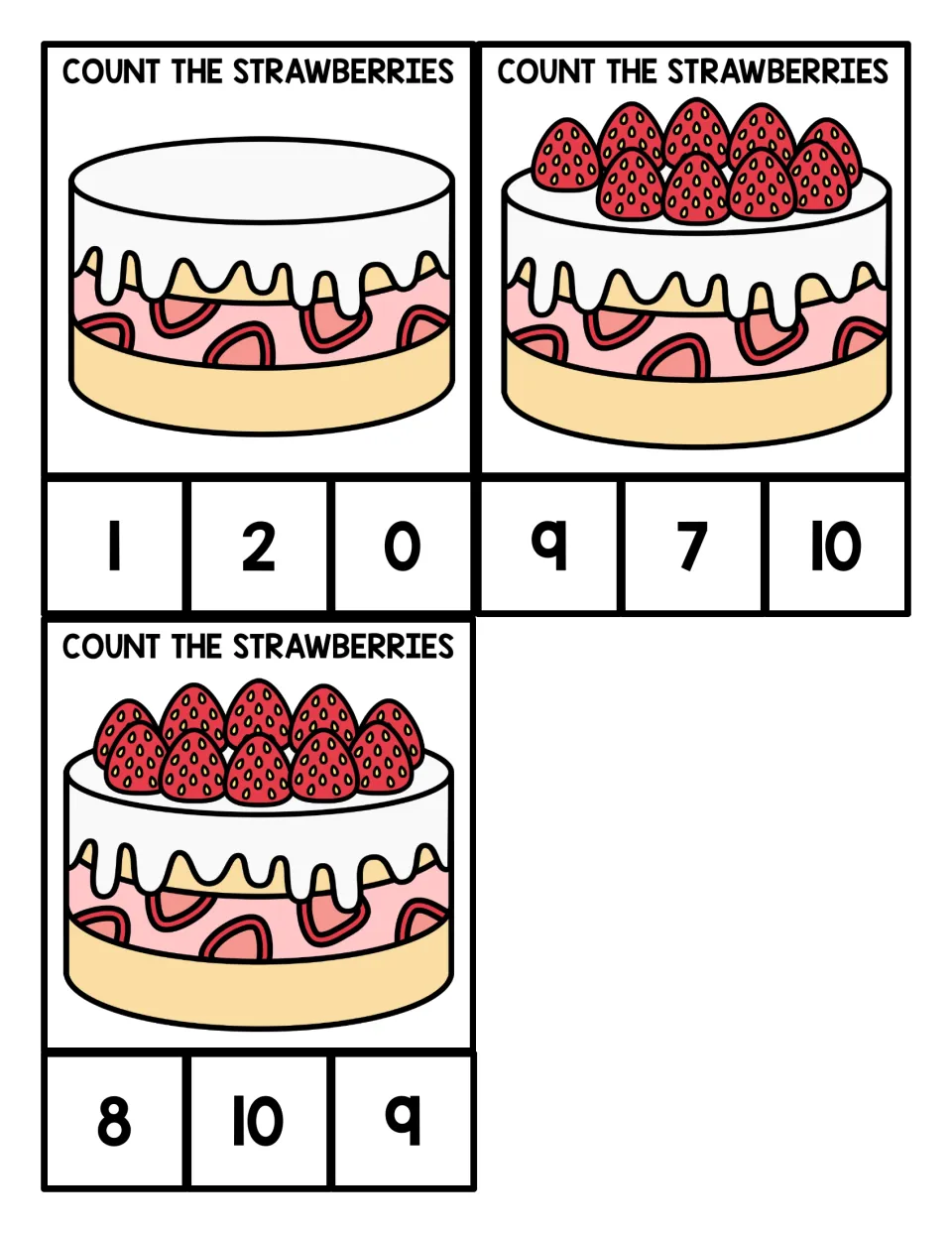 Counting strawberries 0, 9 and 10: three cake clip cards, including a bare cake for zero; students clip the correct number
