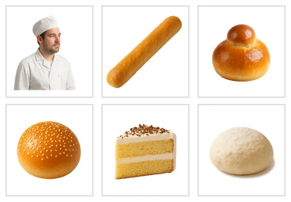 Bakery vocabulary photo cards without words: baker, baguette, brioche, bun, cake, and dough