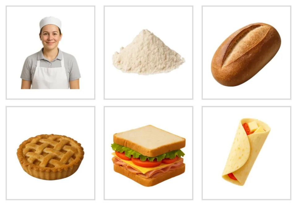 Bakery vocabulary photo cards without words: employee, flour, loaf, pie, sandwich, and wrap