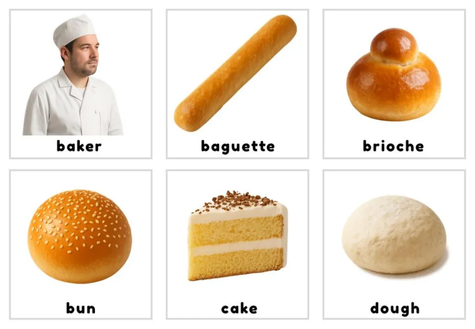 Bakery vocabulary photo cards labeled baker, baguette, brioche, bun, cake, and dough