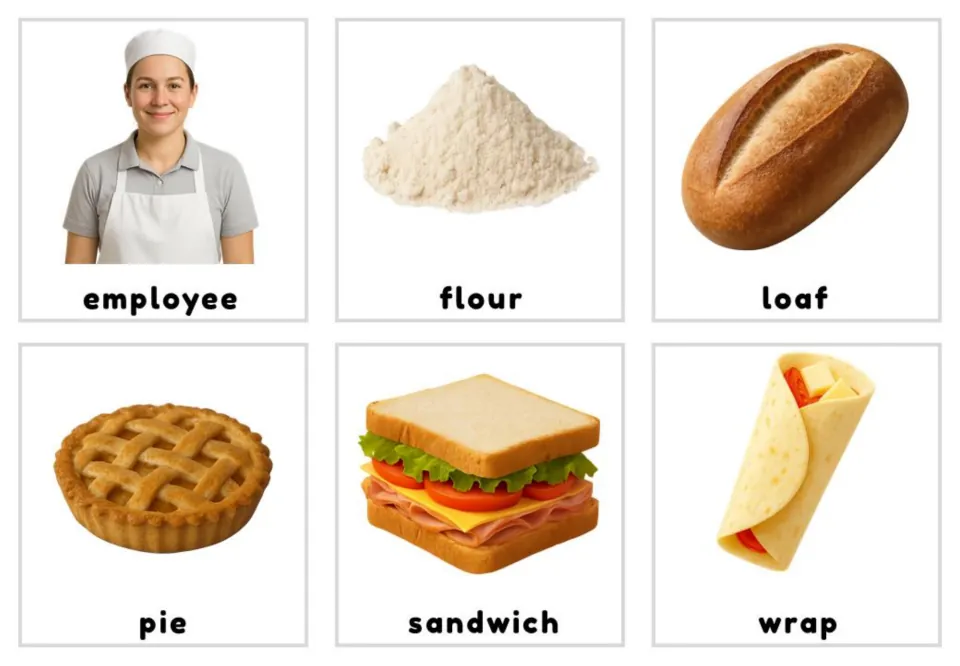 Bakery vocabulary photo cards labeled employee, flour, loaf, pie, sandwich, and wrap