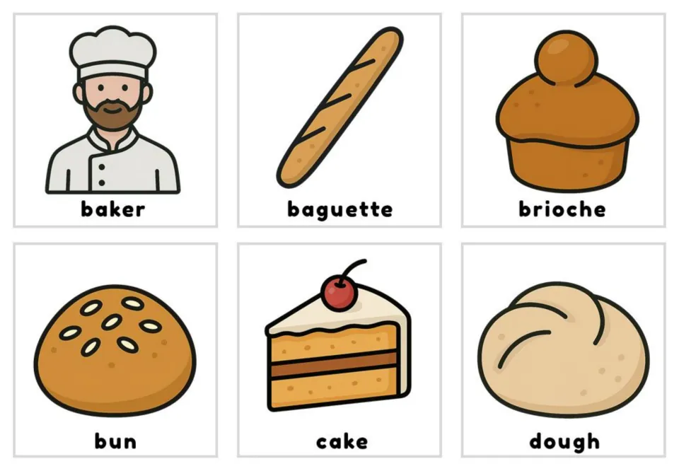 Bakery vocabulary color illustration cards labeled baker, baguette, brioche, bun, cake, and dough